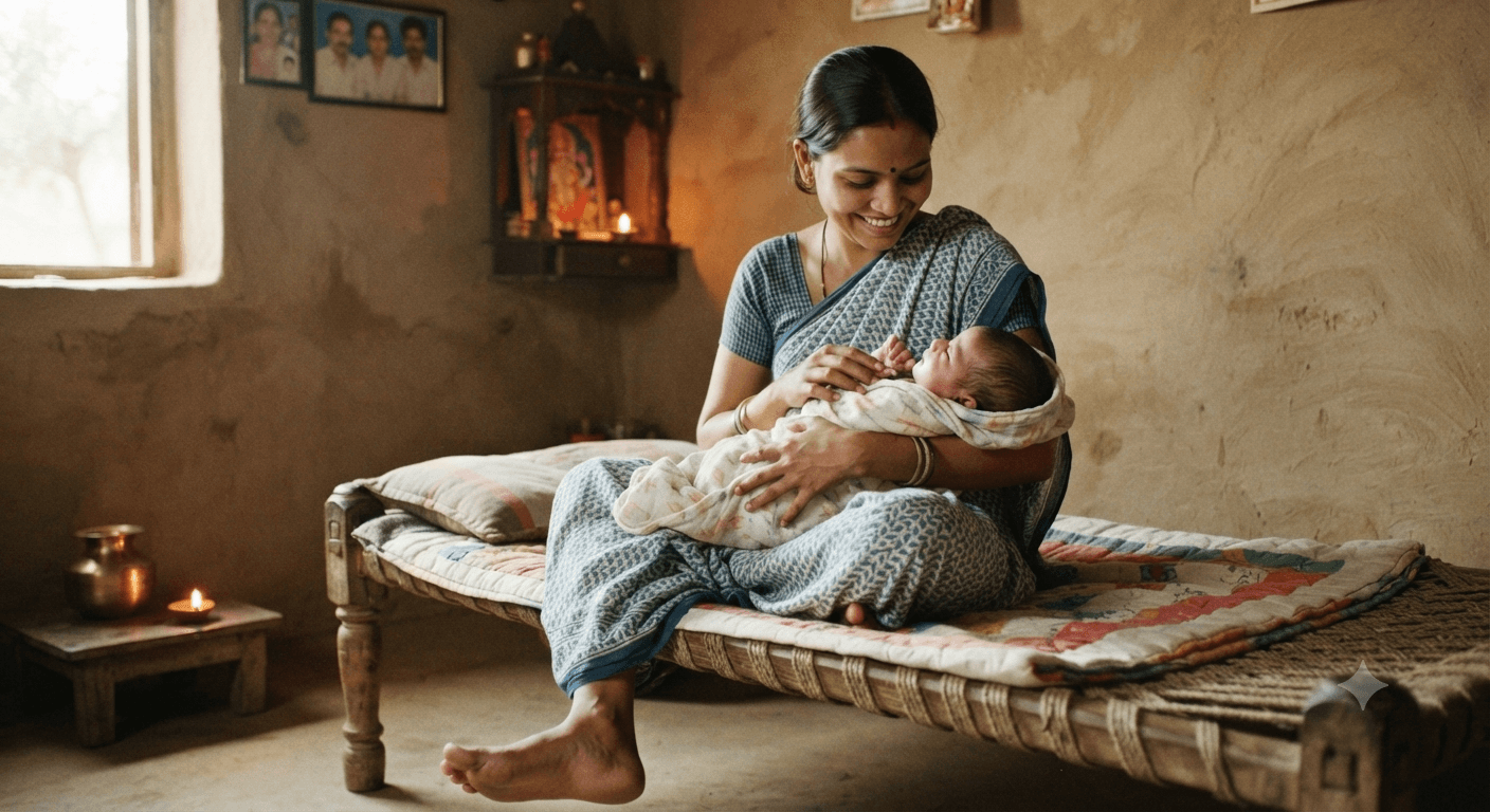 Loving mother caring for her newborn baby